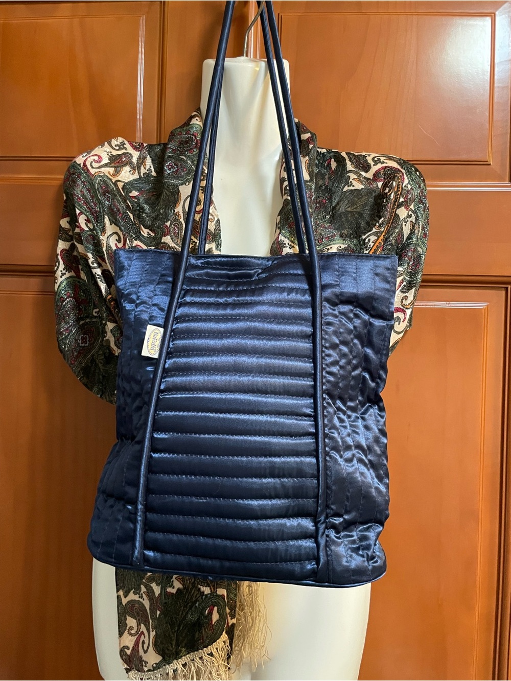 Quilted Satin Navy Tote Bag with Double Shoulder Straps